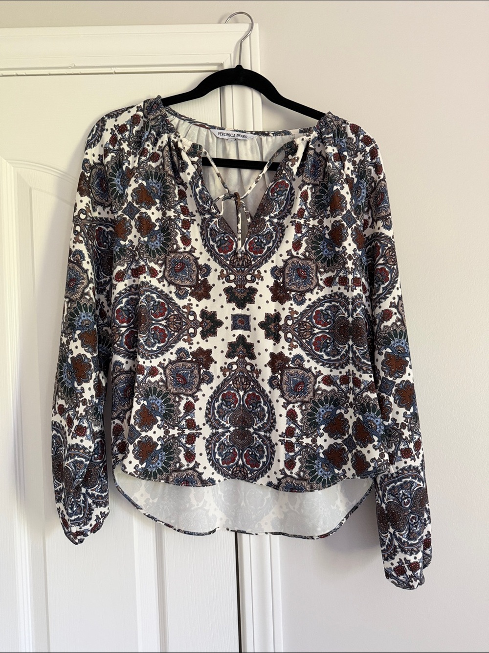 Veronica Beard Cream Paisley Tie-Front Peasant Blouse